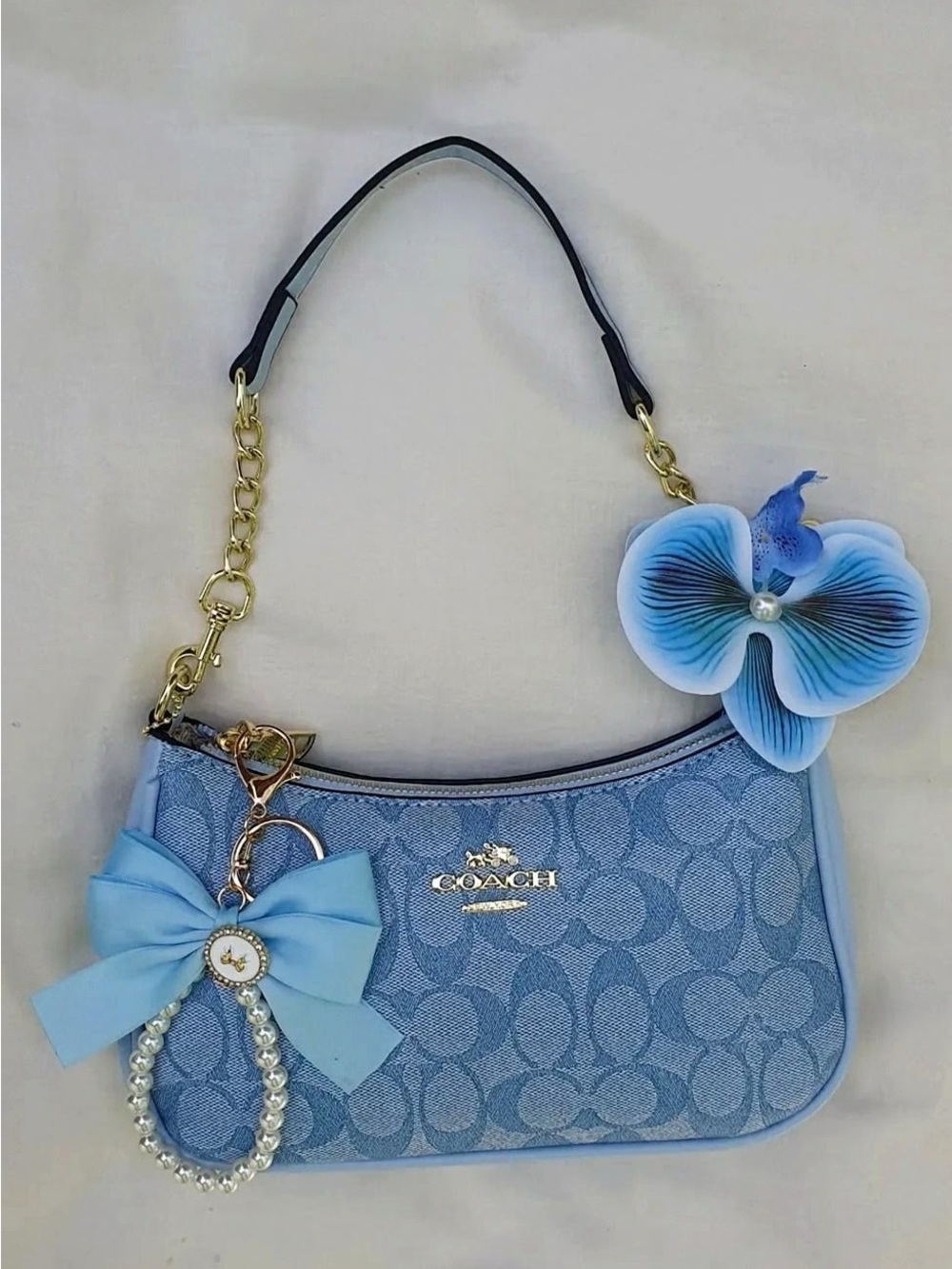 Coach Light Blue Signature Jacquard Shoulder Bag with Gold Hardware - Picture 3 of 3